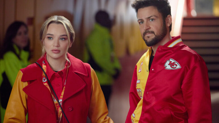 Tyler Hynes and Hunter King in 'Holiday Touchdown: A Chiefs Love Story'