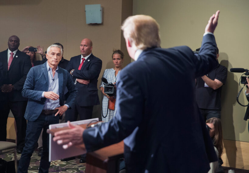 Republican presidential candidate Donald Trump fields a question from Univision and Fusion anchor Jorge Ramos during a press conference held before his campaign event at the Grand River Center on August 25, 2015 in Dubuque, Iowa.