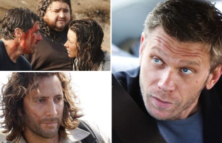 Matthew Fox as Jack Shephard, Jorge Garcia as Hurley Reyes, Evangeline Lilly as Kate Austen, Henry Ian Cusick as Desmond Hume, and Mark Pellegrino as Jacob in 'Lost'