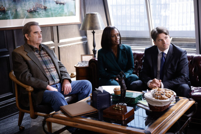 Beau Bridges as Senior, Skye P. Marshall as Olympia, and Jason Ritter as Julian in 'Matlock' Season 1 Episode 2