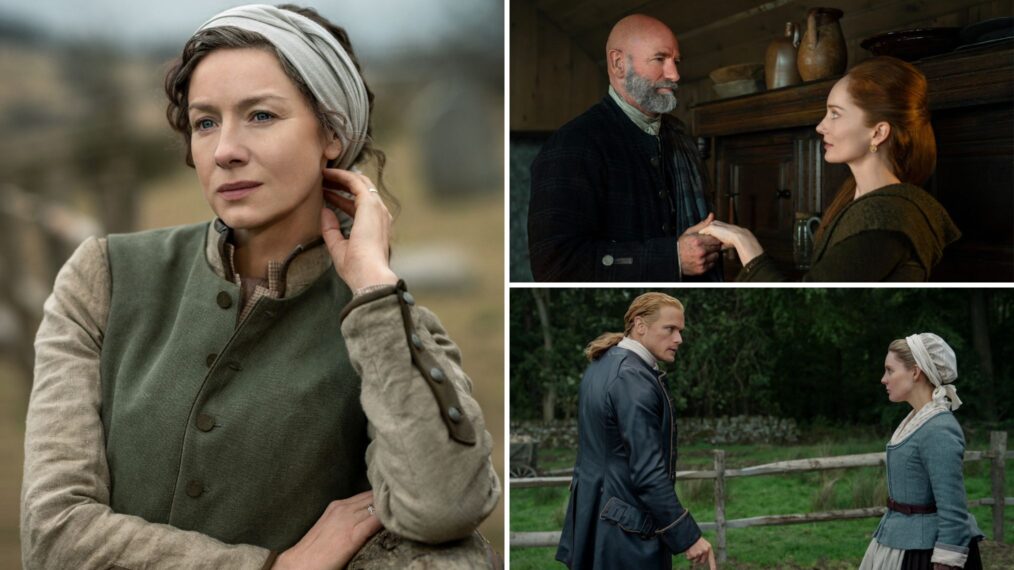 Caitriona Balfe as Claire, Graham McTavish as Dougal, Lotte Verbeek as Geillis, Sam Heughan as Jamie, and Nell Hudson as Laoghaire in 'Outlander' Season 7 Part 2