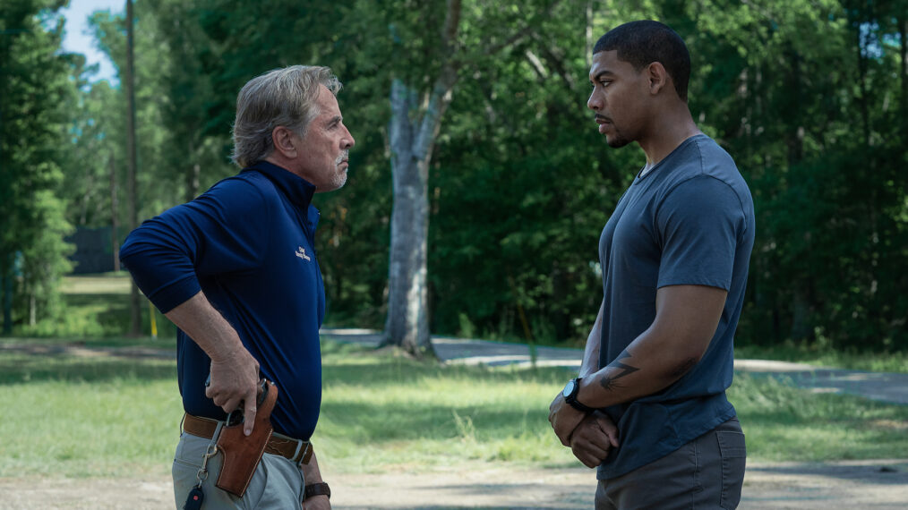 Don Johnson as Chief Sandy Burnne and Aaron Pierre as Terry Richmond in 'Rebel Ridge'