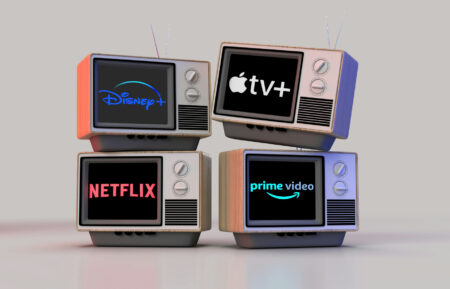 Graphic of streaming services' logos displayed on televisions