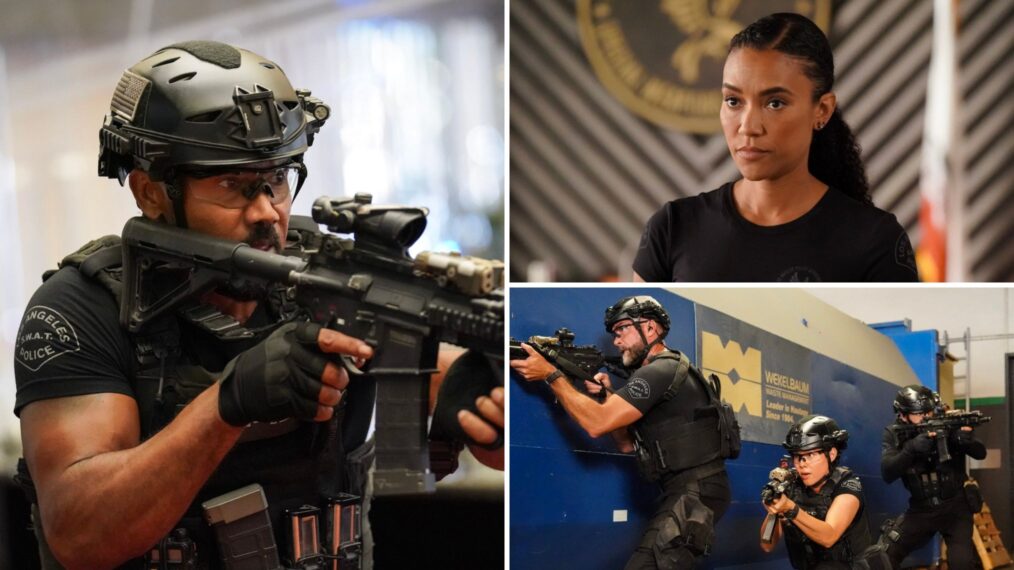 Shemar Moore as Daniel “Hondo” Harrelson, Annie Ilonzeh as Devin Gamble, and Jay Harrington as David “Deacon” Kay, Anna Enger Ritch as Zoe Powell, and Niko Pepaj as Miguel Alfaro — 'S.W.A.T.' Season 8 Premiere 