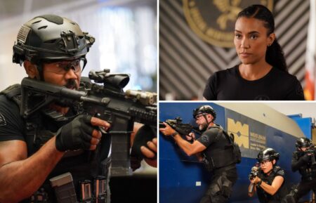 Shemar Moore as Daniel “Hondo” Harrelson, Annie Ilonzeh as Devin Gamble, and Jay Harrington as David “Deacon” Kay, Anna Enger Ritch as Zoe Powell, and Niko Pepaj as Miguel Alfaro — 'S.W.A.T.' Season 8 Premiere 