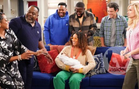 Cedric the Entertainer, Tichina Arnold, Beth Behrs, Max Greenfield, Marcel Spears, Sheaun McKinney, and Skye Townsend in 'The Neighborhood' Season 7