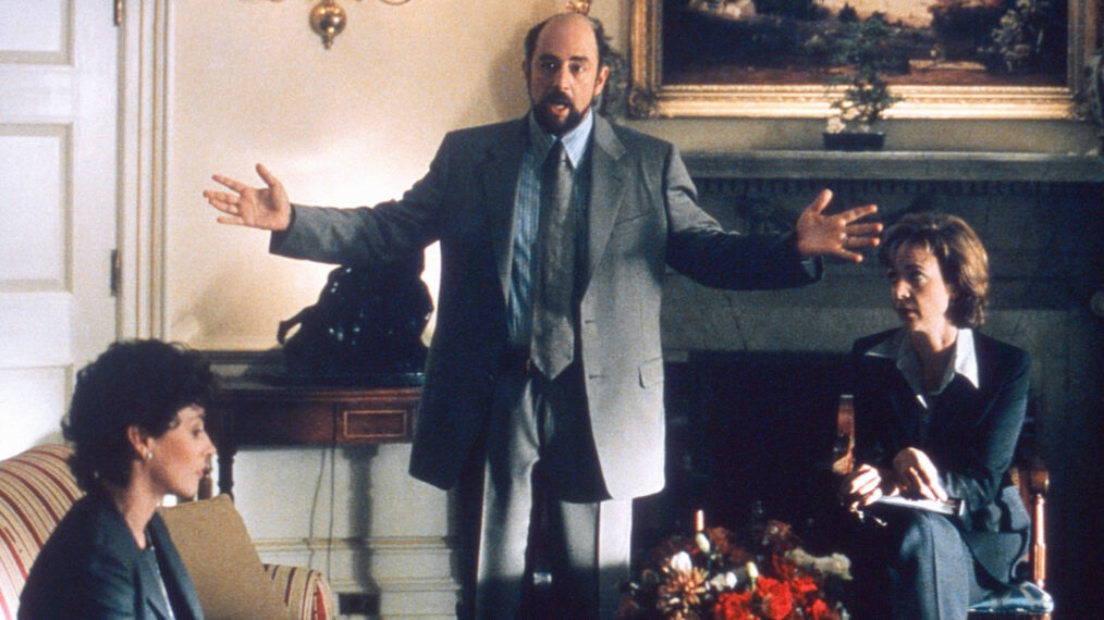 Moira Kelly as Mandy Hampton, Richard Schiff as Toby Ziegler, and Allison Janney as CJ Cregg in 'The West Wing'