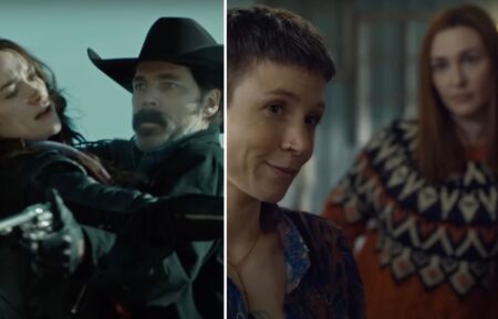 Melanie Scrofano as Wynonna Earp and Tim Rozon as Doc Holliday, and Dominique Provost-Chalkley as Waverly and Katherine Barrell as Nicole in 'Wynonna Earp: Vengeance'