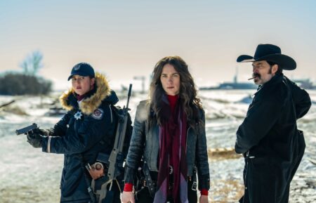 Katherine Barrell as Nicole, Melanie Scrofano as Wynonna, and Tim Rozon as Doc Holliday in 'Wynonna Earp: Vengeance'