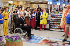 Kaliko Kauahi, Nichole Sakura, Colton Dunn, America Ferrera, Ben Feldman, Nico Santos, Mark McKinney, and Lauren Ash in Superstore - 'Halloween Theft' - Season 2