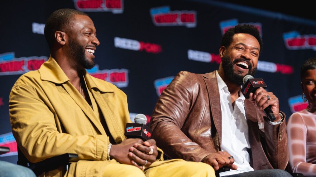 NEW YORK, NEW YORK - OCTOBER 18: Aldis Hodge and Isaiah Mustafa appear on stage during Prime Video's "Cross" panel at New York Comic Con at Javits Center on October 18, 2024 in New York City.