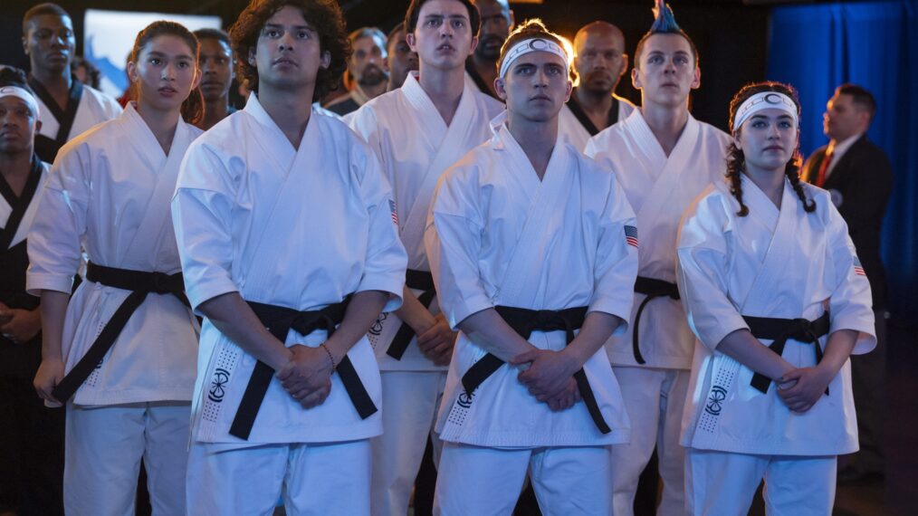 Oona O’Brien as Devon, Xolo Maridueña as Miguel Diaz, Gianni DeCenzo as Demetri, Jacob Bertrand as Eli 'Hawk' Moskowitz, Mary Mouser as Samantha LaRusso in Cobra Kai.