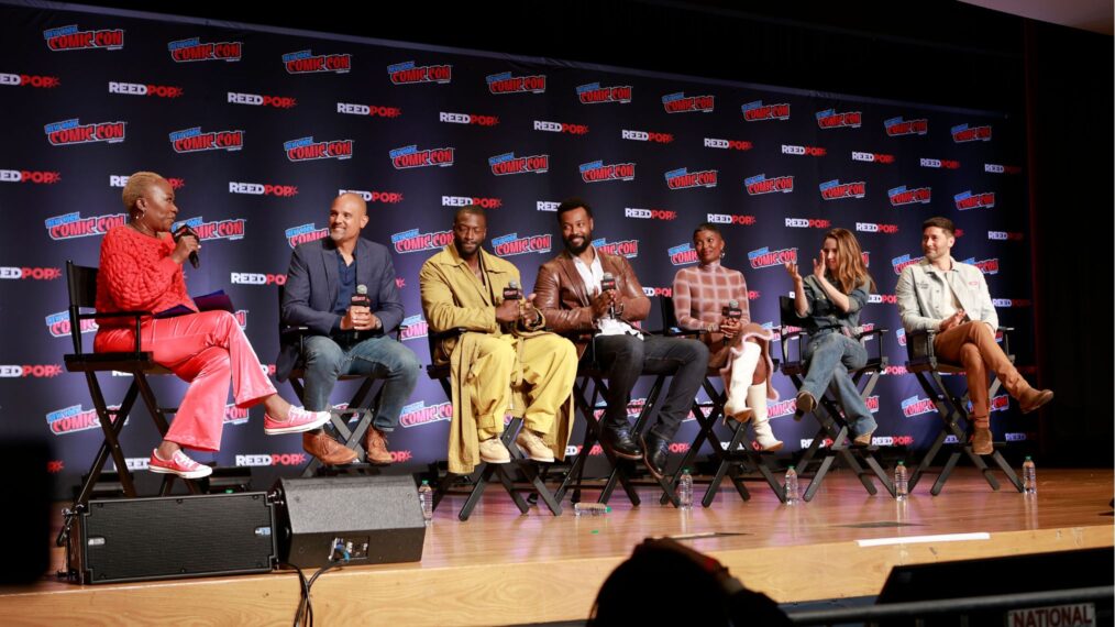 Joy Reid, Ben Watkins, Aldis Hodge, Isaiah Mustafa, Samantha Walkes, Alona Tal, and Ryan Eggold appear on stage during Prime Video's 