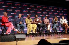 Joy Reid, Ben Watkins, Aldis Hodge, Isaiah Mustafa, Samantha Walkes, Alona Tal, and Ryan Eggold appear on stage during Prime Video's 'Cross' panel at New York Comic Con at Javits Center on October 18, 2024 in New York City.