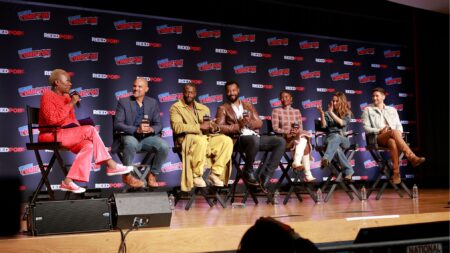 Joy Reid, Ben Watkins, Aldis Hodge, Isaiah Mustafa, Samantha Walkes, Alona Tal, and Ryan Eggold appear on stage during Prime Video's "Cross" panel at New York Comic Con at Javits Center on October 18, 2024 in New York City.