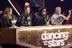 Carrie Ann Inaba, Derek Hough, Gene Simmons, and Bruno Tonioli giving contestants scores on Dancing With the Stars - 'Hair Metal Night'