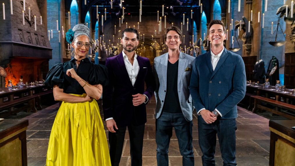 Judges Carla Hall and Jozef Youssef with Hosts James and Oliver Phelps in The Great Hall, as seen on Harry Potter: Wizards of Baking