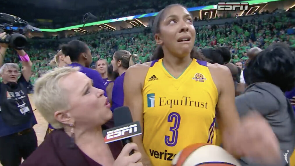 Screenshot from WNBA YouTube video of Candace Parker saying, 