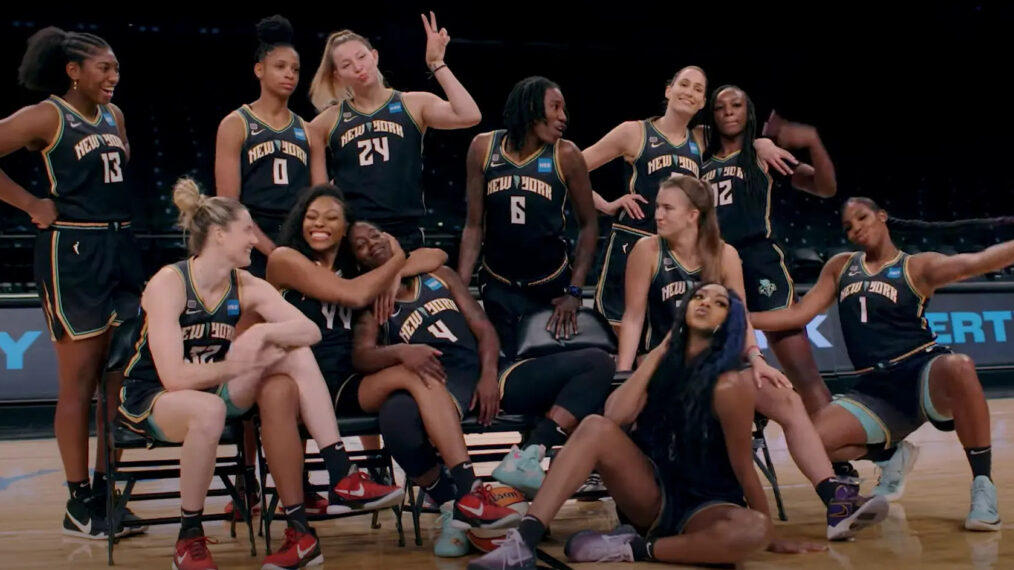 Screenshot from 'Unfinished Business' New York Liberty 2021 players Layshia Clarendon, Sabrina Ionescu, Jazmine Jones, Leaonna Odom, Kylee Shook, Kiah Stokes, Jocelyn Willoughby, Betnijah Laney, Natasha Howard and Sami Whitcom on Prime Video.