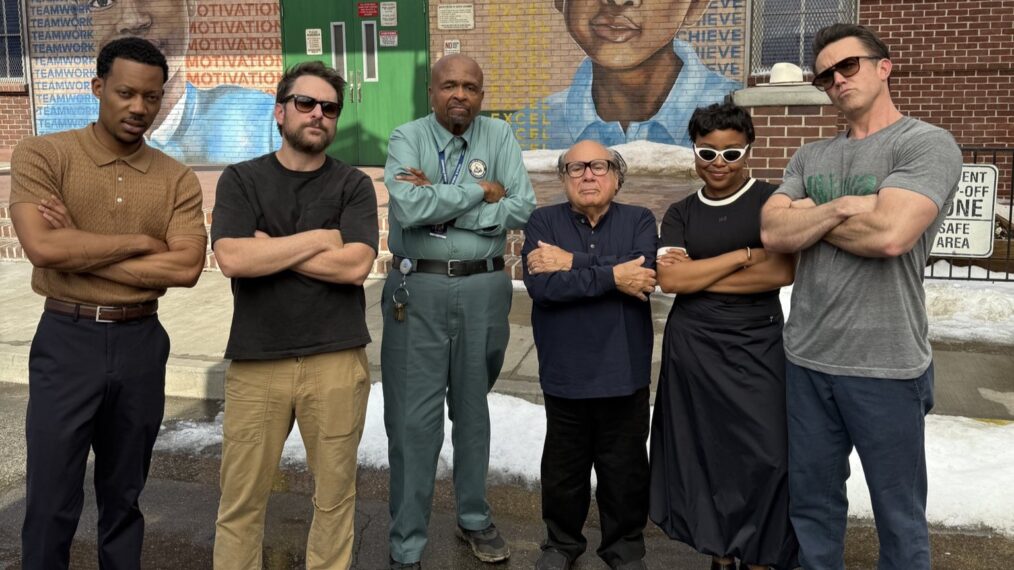 Tyler James Williams, Charlie Day, William Stanford Davis, Danny DeVito, Quinta Brunson, and Rob McElhenney behind the scenes of 'Abbott Elementary'