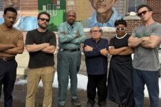 Tyler James Williams, Charlie Day, William Stanford Davis, Danny DeVito, Quinta Brunson, and Rob McElhenney behind the scenes of 'Abbott Elementary'