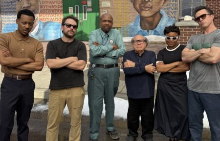 Tyler James Williams, Charlie Day, William Stanford Davis, Danny DeVito, Quinta Brunson, and Rob McElhenney behind the scenes of 'Abbott Elementary'