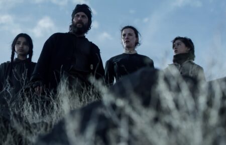 Shawnee Pourier as Two Moons, Taylor Kitsch as Isaac, Betty Gilpin as Sara Rowell, and Preston Mota as Devin Rowell — 'American Primeval'