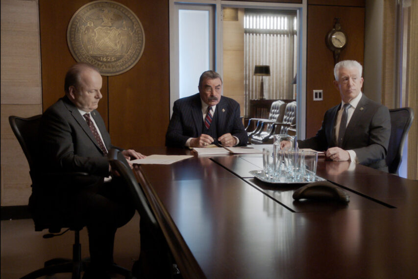 Robert Clohessy as Lt. Gormley, Tom Selleck as Frank Reagan, and Gregory Jbara as DCPI Garrett Moore in 'Blue Bloods' Season 14 Episode 12 - 'Without Fear or Favor'