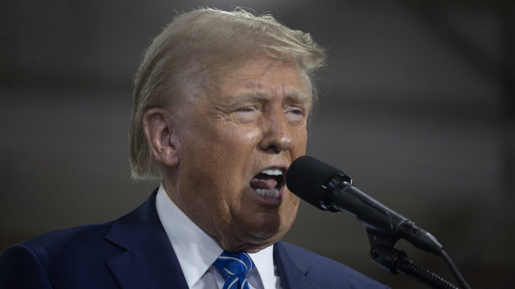 Republican presidential nominee, former President Donald Trump speaks to guests during a campaign event at Dane Manufacturing on October 01, 2024 in Waunakee, Wisconsin.