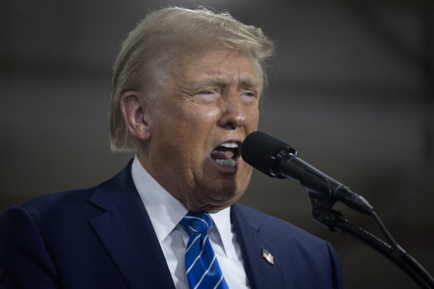 Republican presidential nominee, former President Donald Trump speaks to guests during a campaign event at Dane Manufacturing on October 01, 2024 in Waunakee, Wisconsin.