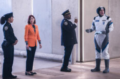 Carra Patterson as Kaya Blanke, Carrie Preston as Elsbeth Tascioni, Wendell Pierce as Captain Wagner, and Rob Riggle as Neal Dorsey in 'Elsbeth' Season 2 Episode 2 - 'The Wrong Stuff'