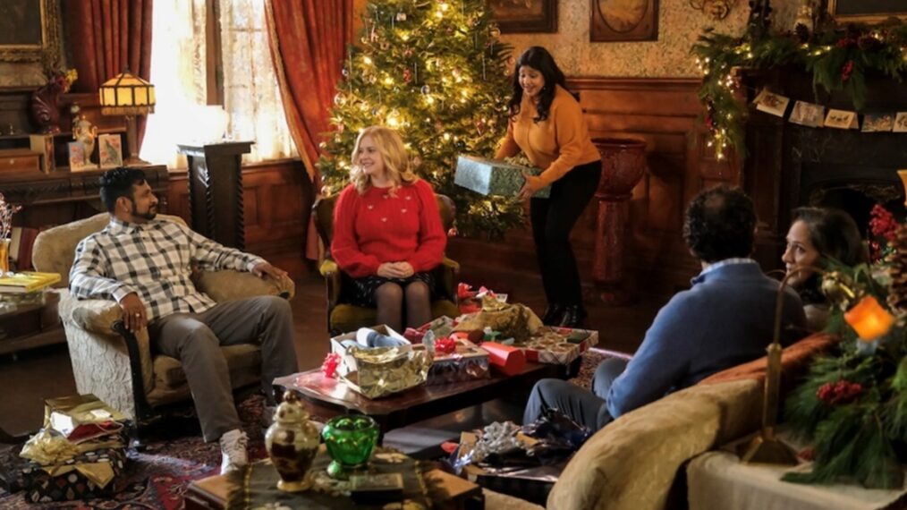 Utkarsh Ambudkar, Rose McIver, Punam Patel, Bernard White, and Sakina Jaffrey in 'Ghosts' Season 4 holiday episode