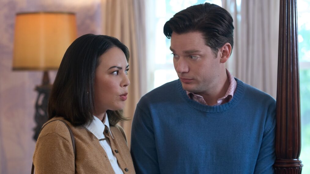 Janel Parrish and Dominic Sherwood in 'Haunted Wedding'