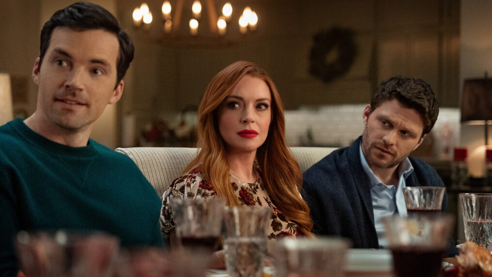 Ian Harding as Logan, Lindsay Lohan as Avery, and Jon Rudnitsky as Cameron in Our Little Secret.