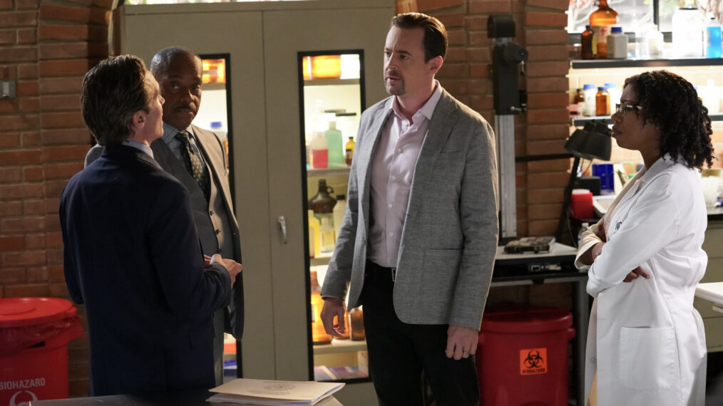 Rocky Carroll as NCIS Director Leon Vance, Sean Murray as Special Agent Timothy McGee, and Diona Reasonover as Forensic Scientist Kasie Hines in 'NCIS' Season 22 premiere