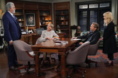 John Larroquette as Dan Fielding, Wendie Malick as Julianne Walters, Ryan Hansen as Jake, Melissa Rauch as Abby Stone in 'Night Court' Season 3 Episode 1