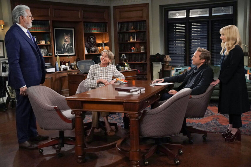 John Larroquette as Dan Fielding, Wendie Malick as Julianne Walters, Ryan Hansen as Jake, Melissa Rauch as Abby Stone in 'Night Court' Season 3 Episode 1