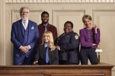 John Larroquette as Dan Fielding, Nyambi Nyambi as Wyatt Shaw, Melissa Rauch as Abby Stone, Lacretta as Donna 'Gurgs' Gurganous, Wendie Malick as Julianne Walters for 'Night Court' Season 3