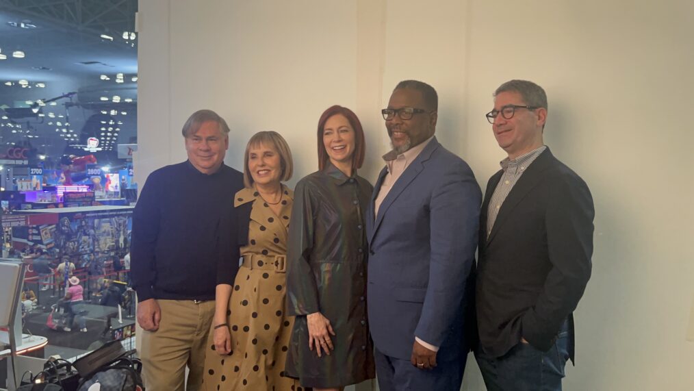 The Elsbeth crew at NYCC 2024 - Robert King, Michelle King, Carrie Preston, Wendell Pierce, and Jonathan Tolins