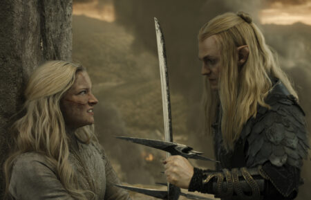 Morfydd Clark as Galadriel and Charlie Vickers as Sauron in 'The Rings of Power' Season 2 finale