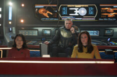 Rong Fu as Mitchell, Anson Mount as Pike, and Rebecca Romijn as Una in 'Star Trek: Strange New Worlds' Season 3 Episode 1