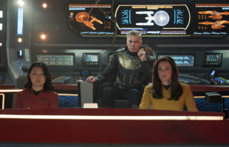 Rong Fu as Mitchell, Anson Mount as Pike, and Rebecca Romijn as Una in 'Star Trek: Strange New Worlds' Season 3 Episode 1