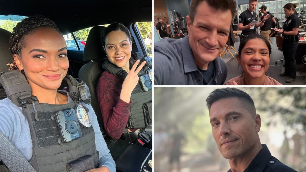 Mekia Cox, Alyssa Diaz, Nathan Fillion, Lisseth Chavez, and Eric Winter behind the scenes of 'The Rookie' Season 7