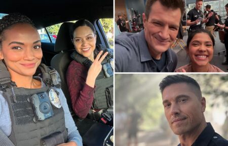 Mekia Cox, Alyssa Diaz, Nathan Fillion, Lisseth Chavez, and Eric Winter behind the scenes of 'The Rookie' Season 7