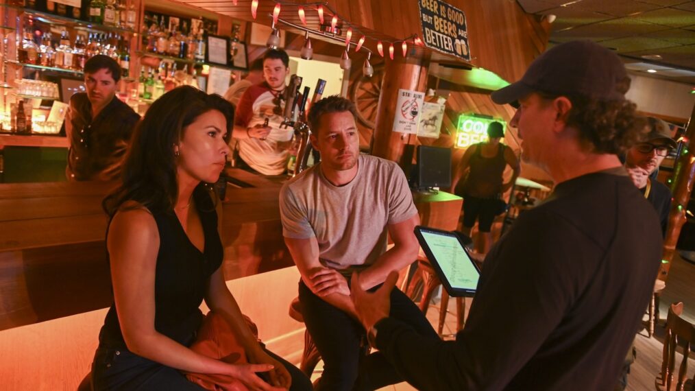 Sofia Pernas and Justin Hartley with director Doug Aarniokoski behind the scenes of 'Tracker' Season 2 Episode 3 