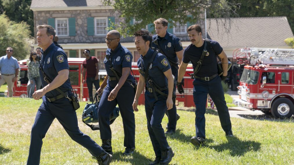 Peter Krause as Bobby, Aisha Hinds as Hen, Kenneth Choi as Chimney, Oliver Stark as Buck, and Ryan Guzman as Eddie — '9-1-1' Season 8 Episode 6 