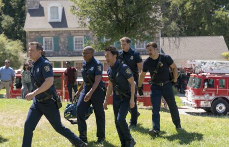 Peter Krause as Bobby, Aisha Hinds as Hen, Kenneth Choi as Chimney, Oliver Stark as Buck, and Ryan Guzman as Eddie — '9-1-1' Season 8 Episode 6 