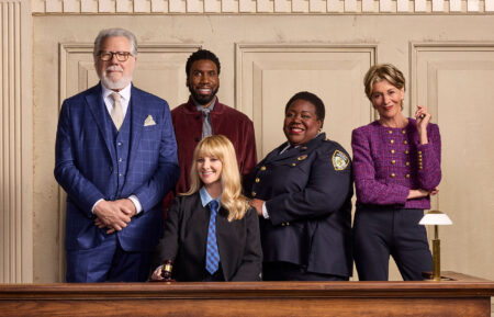 John Larroquette as Dan Fielding, Nyambi Nyambi as Wyatt Shaw, Melissa Rauch as Abby Stone, Lacretta as Donna “Gurgs” Gurganous, Wendie Malick as Julianne Walters in Night Court