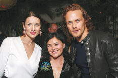 Diana Gabaldon with Balfe and Heughan in her Season 1 Cameo Role