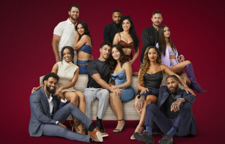 (L to R) Scotty Lewis; Aria De Westbrooks; Dave Adams; Vanessa Hattaway; Caleb Lefterys; Mariah Zernik; Micah Hardeman; Chanel Watkins; Nick Tramontin; Sandy Gallagher; Zaina Sesay; and J.R Warren in Season 3 of 'The Ultimatum: Marry or Move On.'